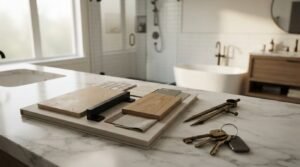 Bathroom remodeling design mood board with tile, wood, countertop, and fixture samples on a modern bathroom vanity