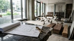 Restaurant renovation planning with architectural blueprints, construction tools, and an unfinished commercial dining space