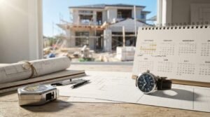 Construction project timeline with house under construction, architectural blueprints, calendar, and watch on planning desk