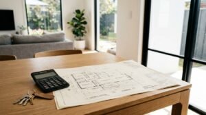 House floor plan blueprint with calculator and keys on a wooden table in a modern home interior