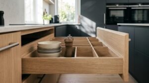 Modern kitchen drawer organizer with wooden cutlery compartments and bowls in a contemporary kitchen