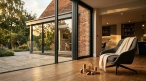 Modern open-plan living room with floor-to-ceiling glass doors overlooking a landscaped garden patio at sunset