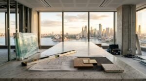 Modern office renovation in Sydney with architectural blueprints, marble worktop, and panoramic city skyline views