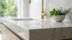 Luxury marble kitchen benchtop and splashback with brass tapware and fresh herbs in a modern kitchen