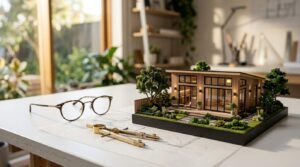 Architectural house model with drafting tools and eyeglasses on a designer's workspace table