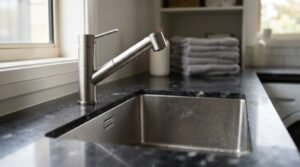 Modern laundry trough with brushed stainless steel pull-out faucet and deep utility sink