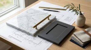 Kitchen renovation planning materials with cabinet door sample, marble slab handle display, and fabric swatches on architectural plans