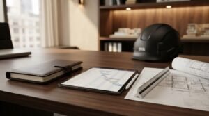 A leather planner, a digital tablet displaying a Gantt project schedule chart, a triangular scale ruler, architectural blueprints, and a black safety hard hat arranged neatly on a dark wood executive desk
