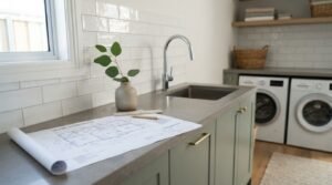 Modern laundry room renovation with utility sink, shaker cabinets, washer, dryer, and renovation blueprints