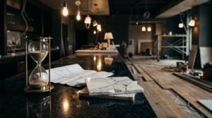 Hourglass, cracked marble tile, and construction blueprints on a countertop inside a home renovation project