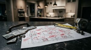 Kitchen renovation mistakes highlighted on a redesign floor plan with measuring tape, tile samples, and cabinet hardware