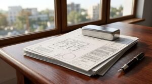 Architectural approval documents and building plans with pen and paperweight on a wooden desk by the window