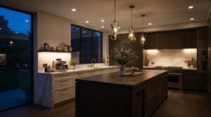 Modern luxury kitchen with pendant lights, marble countertops, dark wood cabinets, and a large kitchen island