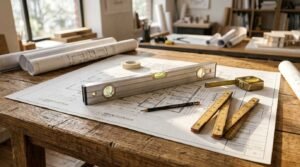 Construction tools and architectural floor plans arranged on a wooden workbench in a modern design studio
