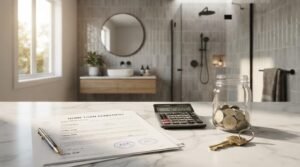 Bathroom remodel financing with home improvement loan documents, calculator, savings jar, and modern renovated bathroom