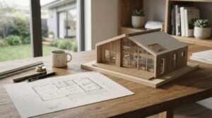 Granny flat architectural model and floor plans on a wooden desk in a modern home design studio