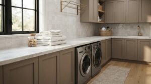 Modern laundry room with marble benchtop, shaker cabinets, front-load washer and dryer, and built-in storage