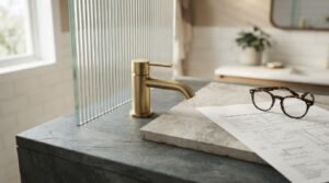Modern bathroom fixture selection with brushed brass faucet, fluted glass panel, stone countertop sample, and renovation plans