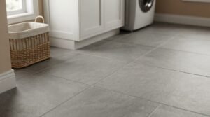 Modern laundry room with large gray porcelain floor tiles and durable contemporary flooring