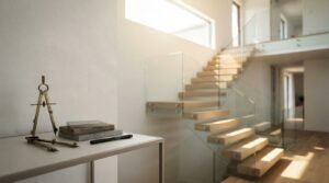 Modern floating staircase with glass balustrades in a contemporary two-storey home interior