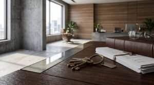 Modern office renovation with executive desk, office keys, contract documents, and contemporary workspace