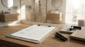 Bathroom renovation planning checklist with material samples, fixtures, and modern bathroom design in the background