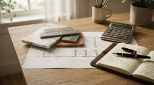 Bathroom renovation budget planning with floor plan, tile samples, calculator, and remodeling cost estimates