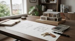Architectural house model with floor plans, calculator, and keys on a desk for residential design and budgeting