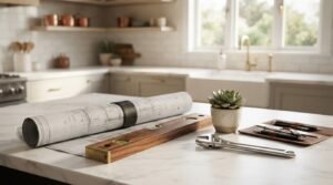 Rolled architectural blueprints with a wooden brass-trimmed spirit level, adjustable wrench, drafting tool kit, and potted succulent on a marble kitchen island