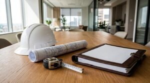 Office renovation planning with construction helmet, architectural blueprints, measuring tape, and project documents