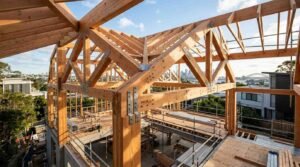 Structural timber post and beam framing with heavy-duty steel connector plates under construction, overlooking the Sydney Harbour Bridge and city skyline.