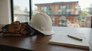 General contractor workspace with safety helmet, construction contract, and modern home in the background