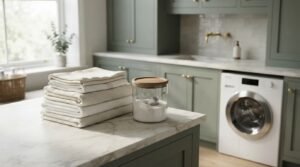 Modern laundry room with folded towels, detergent jar, marble countertop, and front-load washing machine