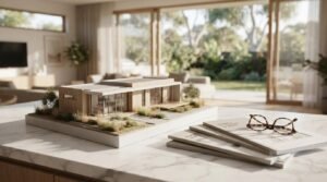 Modern granny flat model in Sydney displayed on a marble table in a contemporary interior design studio