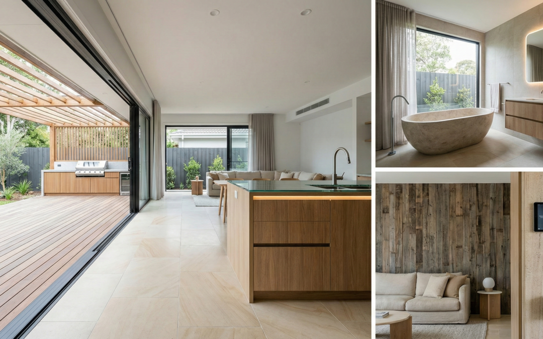 Australian home renovation showcasing 2026 trends including sustainable materials, smart technology, wellness bathrooms, and outdoor living spaces.