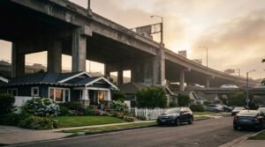 A massive concrete highway overpass looming directly over a charming blue craftsman bungalow with a manicured front garden on a suburban residential street