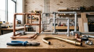 Copper and PVC plumbing pipe installation setup with faucet and tools on a workshop bench