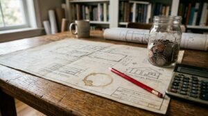Architectural floor plan with savings jar, calculator, and pencil on a wooden table for home renovation budgeting