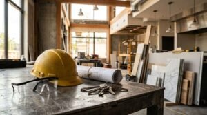 Construction site interior with yellow safety helmet, protective glasses, house keys, and architectural blueprints on a workbench during a residential renovation project