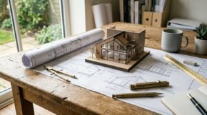 Architectural house model with blueprints and drafting tools on a wooden desk in a home design studio