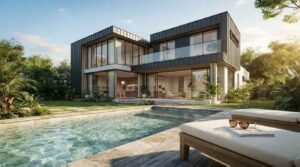 Modern two-storey luxury home with swimming pool and floor-to-ceiling windows in a contemporary architectural design