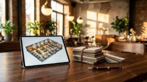Tablet displaying a 3D interior design floor plan with material samples on a table in a modern interior design studio