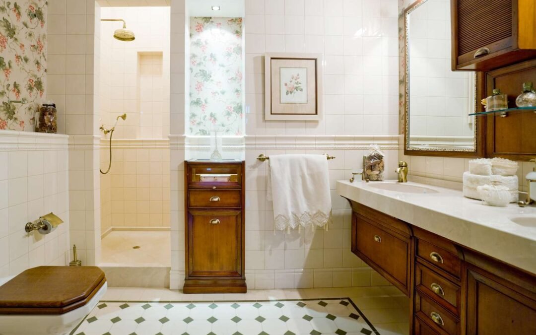 Outdated bathroom with beige tiles, old fixtures, and dated layout
