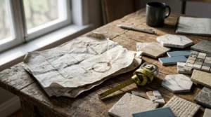 Bathroom renovation planning with architectural blueprints, tile and stone samples, measuring tape, and material swatches on a rustic workbench for modern bathroom remodeling
