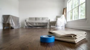 Blue painter's tape and folded drop cloth on hardwood flooring in a living room prepared for interior painting and home renovation
