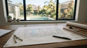 Granny flat site plan and architectural drawings on a wooden table overlooking a landscaped backyard
