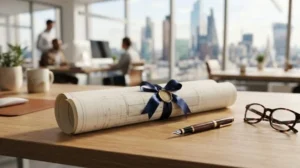 architectural blueprints on an office desk with a pen and glasses, symbolizing custom home design, planning, and construction consulting.