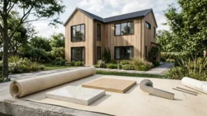 Modern timber house with premium building materials and architectural design samples for residential construction