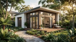 Modern granny flat design with large glass doors and landscaped backyard in a residential property