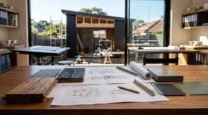 Granny flat construction plans with building material samples in an architect's studio overlooking a residential build